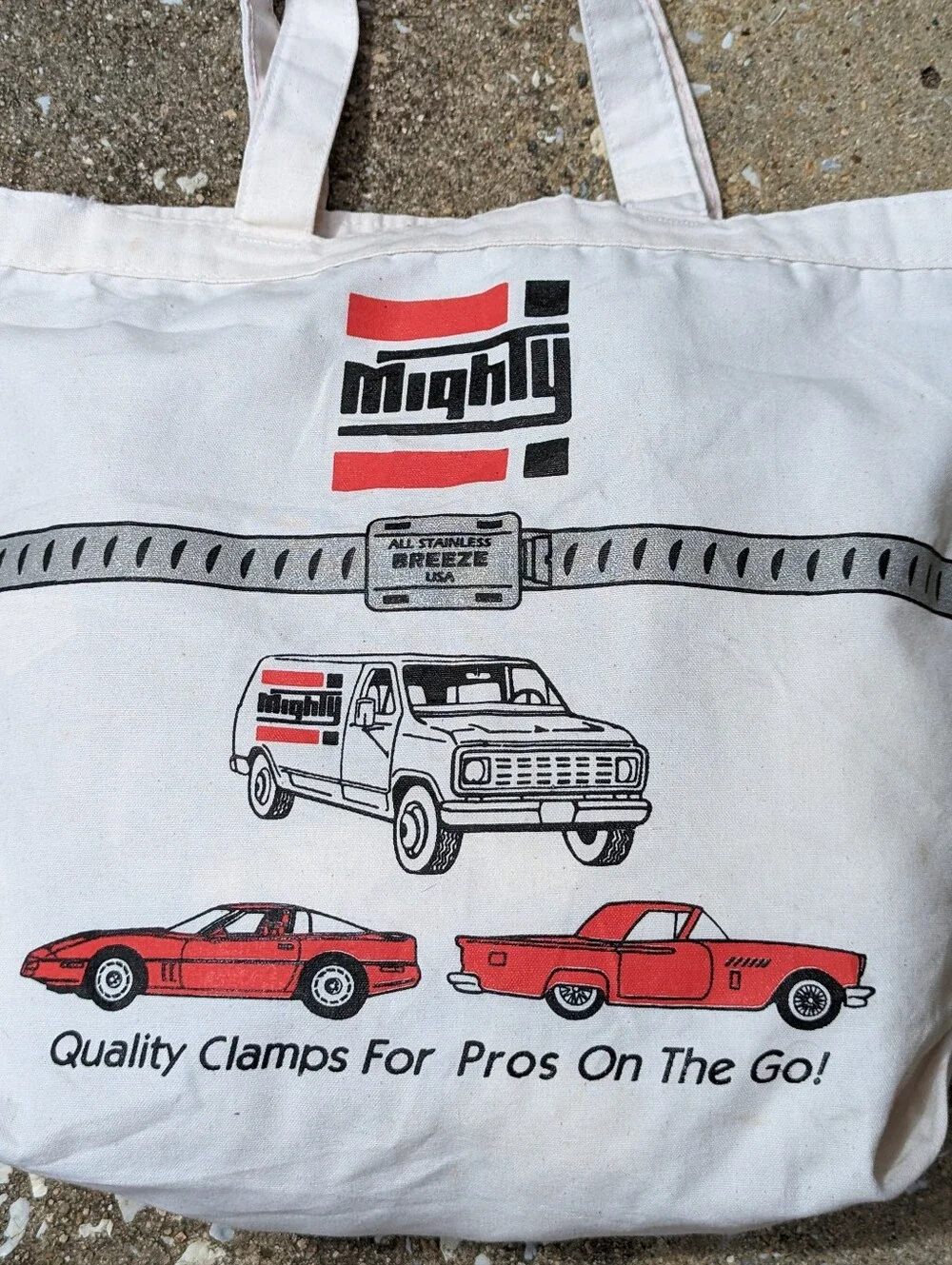 Cream Canvas Tote Bag with Vintage Red Car Graphics